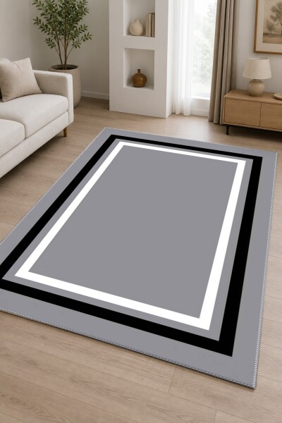 Minimalist Gri Siyah Beyaz Üç Renkli Çerçeve Bordürlü Salon Halısı