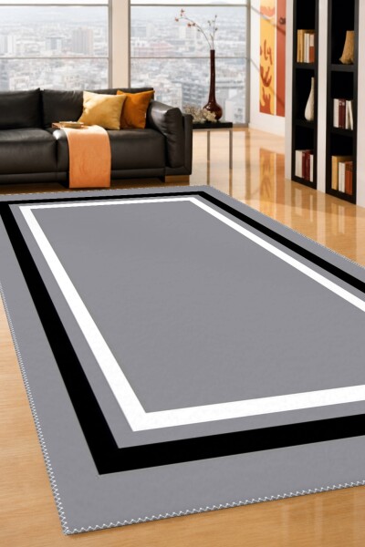 Minimalist Gri Siyah Beyaz Üç Renkli Çerçeve Bordürlü Salon Halısı