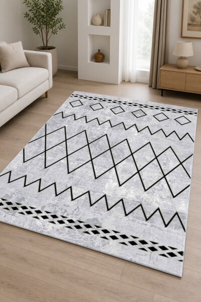 Berber Fas Geometrik Elmas Zikzak Şeritli Eskitme Salon Halısı — Gri Siyah