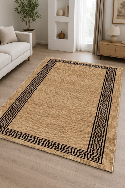 Naturel Jüt Dokulu Yunan Meandros Greek Key Bordürlü Salon Halısı — Bej Siyah