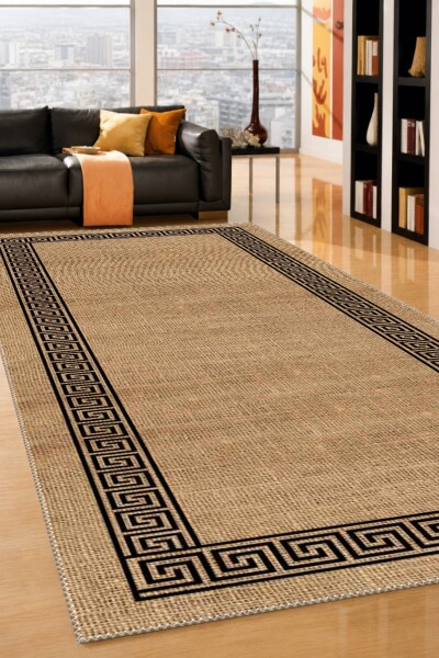 Naturel Jüt Dokulu Yunan Meandros Greek Key Bordürlü Salon Halısı — Bej Siyah