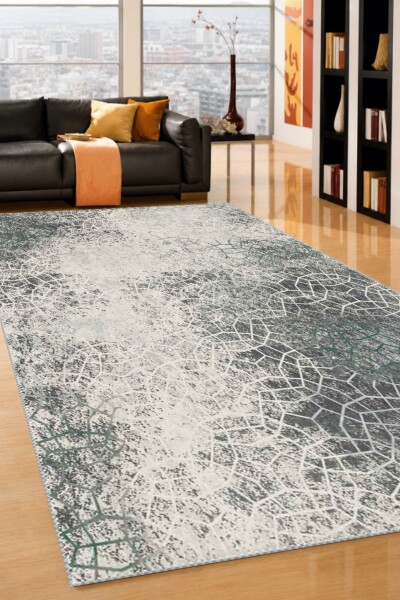 Organik Voronoi Hücre Ağ Desenli Eskitme Salon Halısı — Krem Yeşil Gri