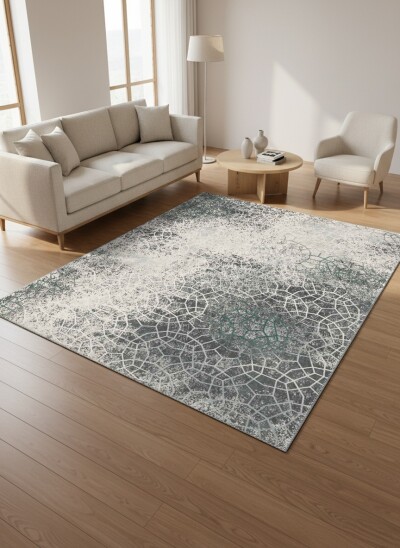 Organik Voronoi Hücre Ağ Desenli Eskitme Salon Halısı — Krem Yeşil Gri