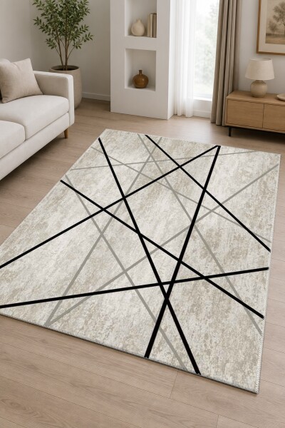 Soyut Geometrik Çapraz Kesişen Çizgili Eskitme Salon Halısı — Krem Siyah Gri