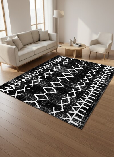 Afrika Mudcloth Siyah Zemin Beyaz Elmas Dikey Şeritli Salon Halısı — Siyah Beyaz