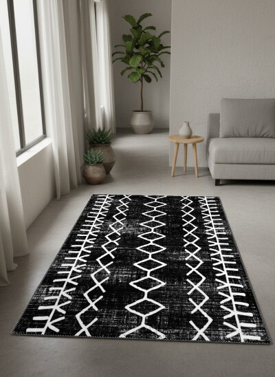 Afrika Mudcloth Siyah Zemin Beyaz Elmas Dikey Şeritli Salon Halısı — Siyah Beyaz