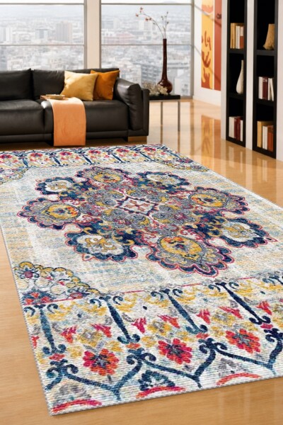 Eskitme Krem Zemin Lacivert Kırmızı Büyük Arabesk Madalyon Klasik Salon Halısı — Krem Lacivert
