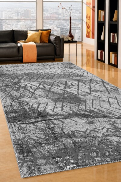 Gri Beton Eskitme Şevron Zikzak Elmas Geometrik Tribal Salon Halısı — Gri Antrasit