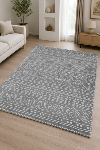 Gri Suluboya Zemin Beyaz Afrika Mudcloth Yatay Çok Şeritli Tribal Salon Halısı — Gri Beyaz