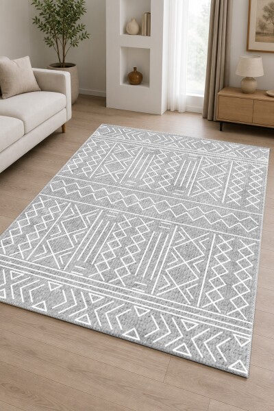 Açık Gri Eskitme Beyaz Afrika Tribal Geometrik Elmas Şeritli Salon Halısı — Açık Gri Beyaz