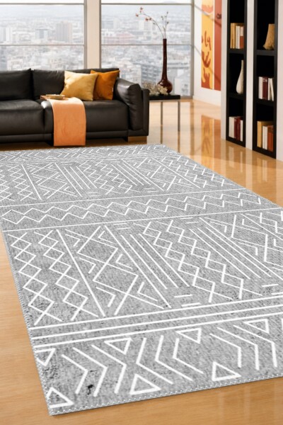 Açık Gri Eskitme Beyaz Afrika Tribal Geometrik Elmas Şeritli Salon Halısı — Açık Gri Beyaz