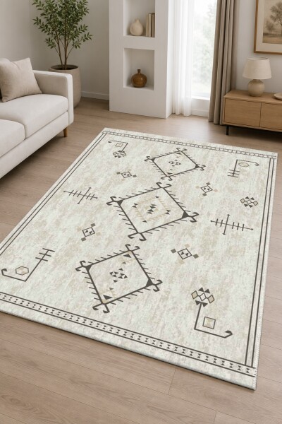 Krem Eskitme Zemin Üç Madalyon Anadolu Kilim Tribal Geometrik Semboller Halı
