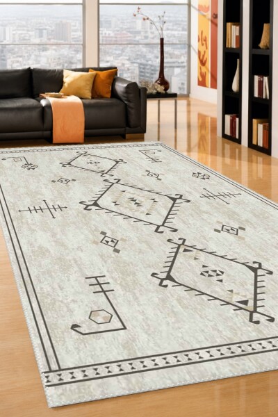 Krem Eskitme Zemin Üç Madalyon Anadolu Kilim Tribal Geometrik Semboller Halı
