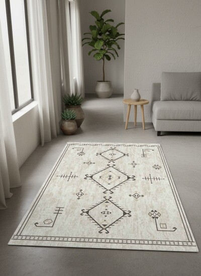 Krem Eskitme Zemin Üç Madalyon Anadolu Kilim Tribal Geometrik Semboller Halı