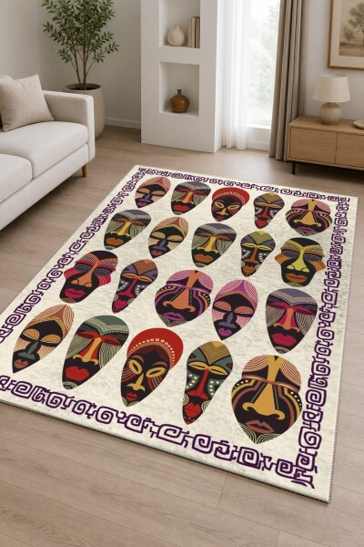 Afrika Tribal Maske Koleksiyonu Çok Renkli Dekoratif Salon Halısı — Bej Zemin