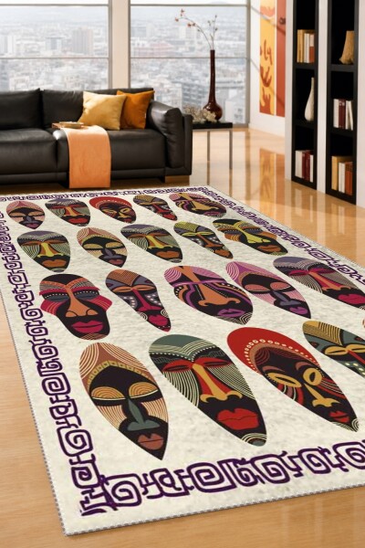 Afrika Tribal Maske Koleksiyonu Çok Renkli Dekoratif Salon Halısı — Bej Zemin