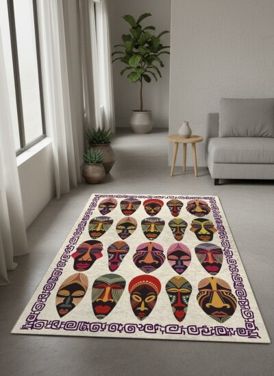 Afrika Tribal Maske Koleksiyonu Çok Renkli Dekoratif Salon Halısı — Bej Zemin