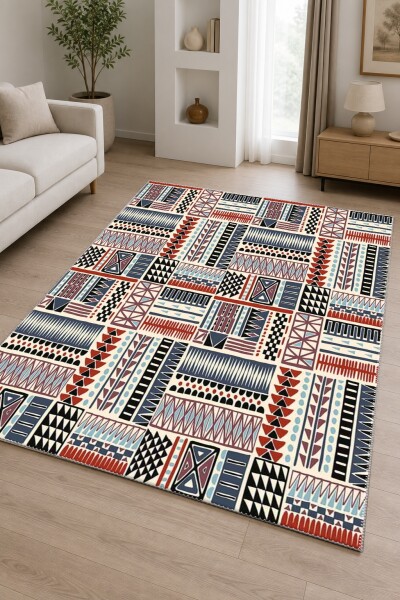 Krem Zemin Lacivert Kırmızı Afrika Tribal Patchwork Geometrik Kutucuklu Halı