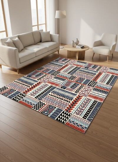 Krem Zemin Lacivert Kırmızı Afrika Tribal Patchwork Geometrik Kutucuklu Halı