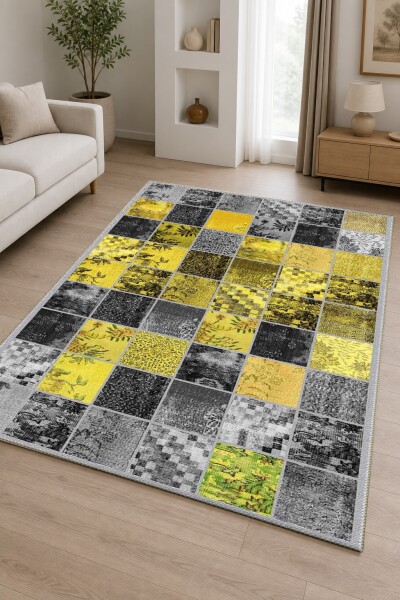 Sarı Altın Gri Antrasit Patchwork Izgara Kolaj Çiçeksel Geometrik Modern Halı