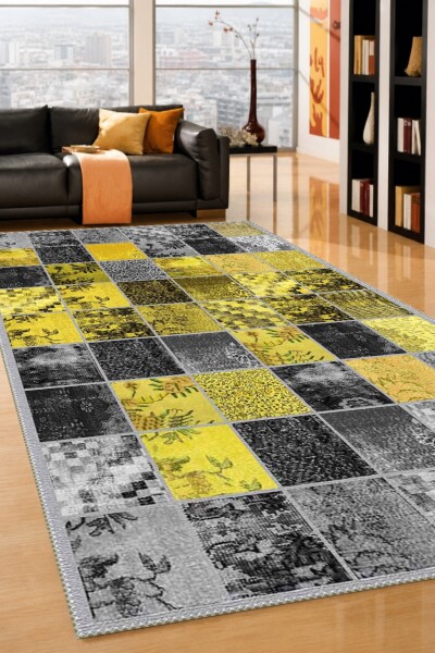 Sarı Altın Gri Antrasit Patchwork Izgara Kolaj Çiçeksel Geometrik Modern Halı
