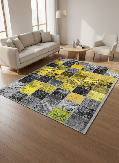 Sarı Altın Gri Antrasit Patchwork Izgara Kolaj Çiçeksel Geometrik Modern Halı