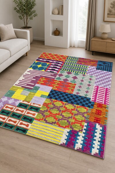 Çok Renkli Afrika Kente Dokuma Patchwork Kolaj Dekoratif Salon Halısı
