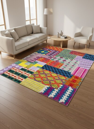 Çok Renkli Afrika Kente Dokuma Patchwork Kolaj Dekoratif Salon Halısı