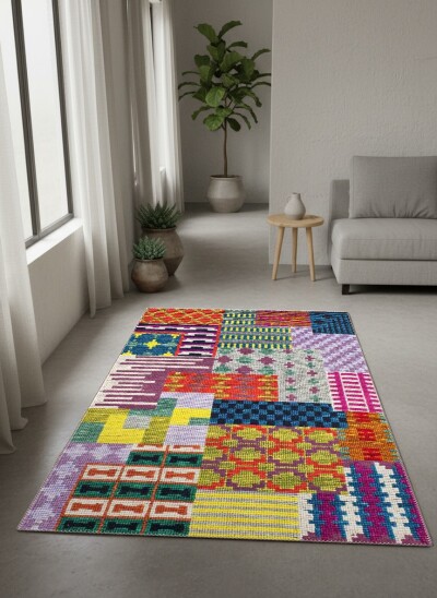 Çok Renkli Afrika Kente Dokuma Patchwork Kolaj Dekoratif Salon Halısı