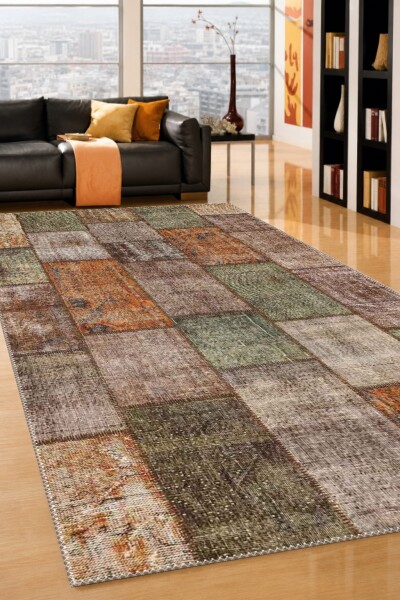 Eskitme Overdye Turuncu Pas Gri Yeşil Haki Dikdörtgen Blok Patchwork Halı