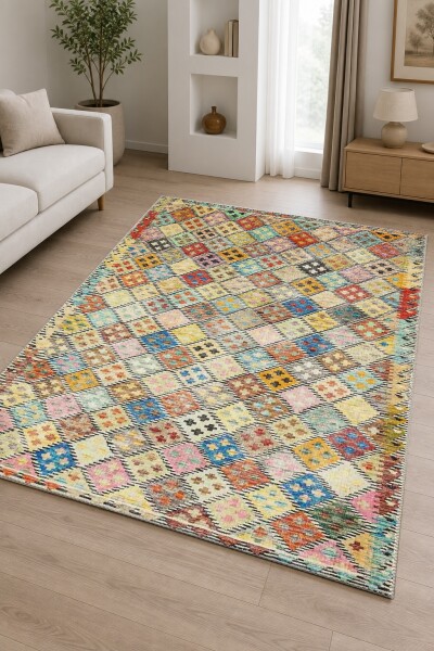Çok Renkli Vintage Elmas Kafes Bohem Kilim Geometrik Mozaik Salon Halısı