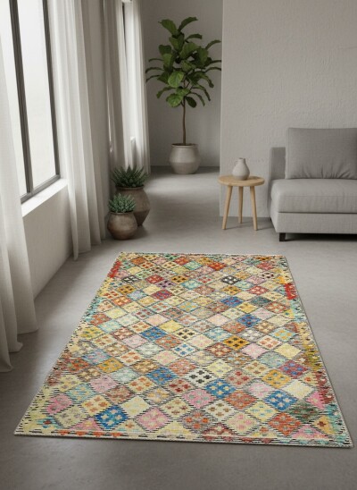 Çok Renkli Vintage Elmas Kafes Bohem Kilim Geometrik Mozaik Salon Halısı