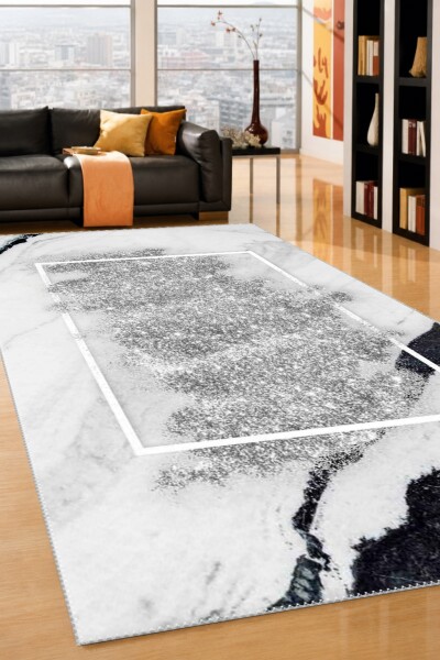 Beyaz Mermer Gümüş Glitter Leke Dikdörtgen Çerçeve Minimalist Lüks Halı