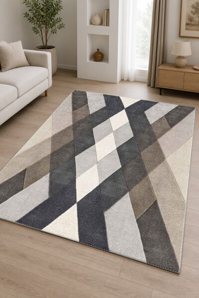 Krem Zemin Diyagonal Gri Taupe Antrasit Geniş Bant X Çapraz Simetrik Geometrik Halı