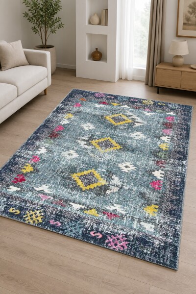 Gece Mavisi Petrol Eskitme Kilim Altın Elmas Fuşya Renkli Tribal Vintage Halı