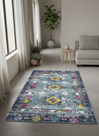 Gece Mavisi Petrol Eskitme Kilim Altın Elmas Fuşya Renkli Tribal Vintage Halı