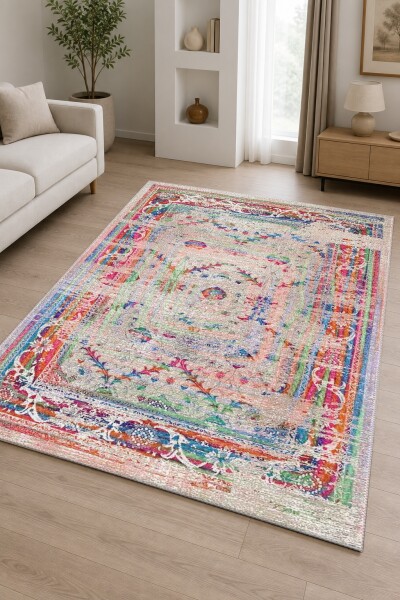 Çok Renkli Eskitme Osmanlı Saray Arabesk Çiçeksel Madalyon Klasik Vintage Halı