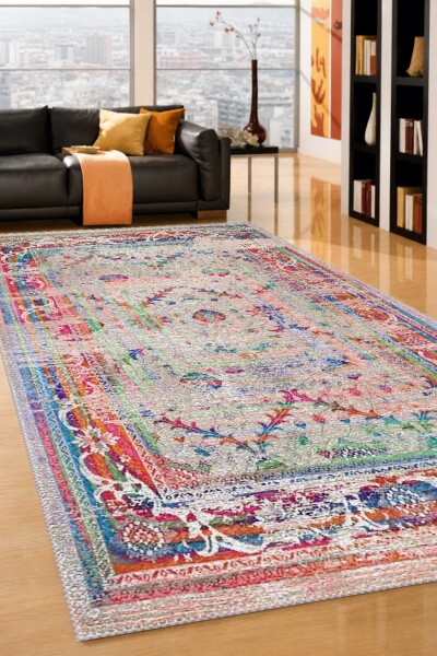 Çok Renkli Eskitme Osmanlı Saray Arabesk Çiçeksel Madalyon Klasik Vintage Halı