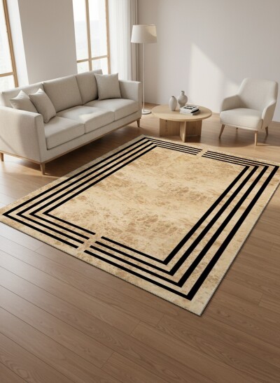 Bej Travertin Mermer Zemin Siyah Art Deco Tek Dikdörtgen Çerçeve Minimalist Lüks Halı
