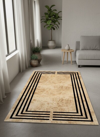 Bej Travertin Mermer Zemin Siyah Art Deco Tek Dikdörtgen Çerçeve Minimalist Lüks Halı