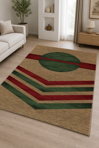 Keten Jüt Zemin Koyu Yeşil Daire Bordo Şerit Çift Chevron Bauhaus Retro Halı