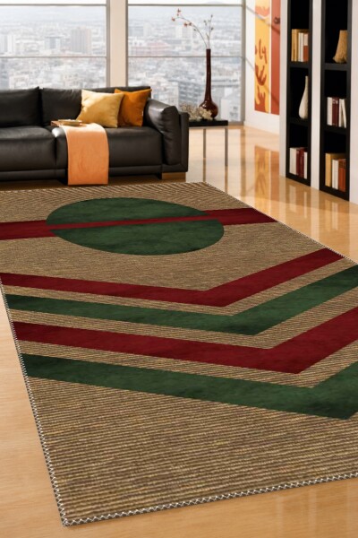 Keten Jüt Zemin Koyu Yeşil Daire Bordo Şerit Çift Chevron Bauhaus Retro Halı