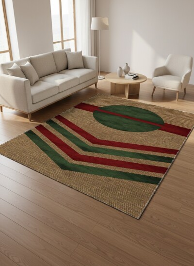 Keten Jüt Zemin Koyu Yeşil Daire Bordo Şerit Çift Chevron Bauhaus Retro Halı