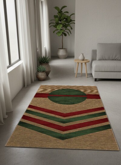 Keten Jüt Zemin Koyu Yeşil Daire Bordo Şerit Çift Chevron Bauhaus Retro Halı