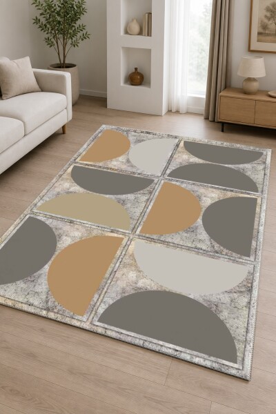 Bej Gümüş Eskitme Taş Zemin Altın Gri Yarım Daire Grid Minimalist Mid-Century Halı