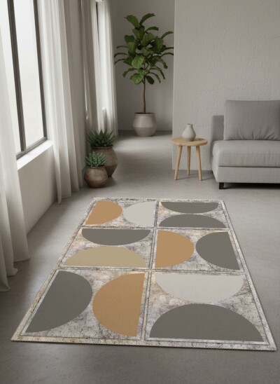 Bej Gümüş Eskitme Taş Zemin Altın Gri Yarım Daire Grid Minimalist Mid-Century Halı