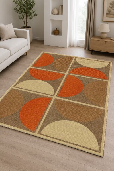 Bej Keten Zemin Turuncu Krem Yarım Daire Grid Retro Mid-Century Modern Halı