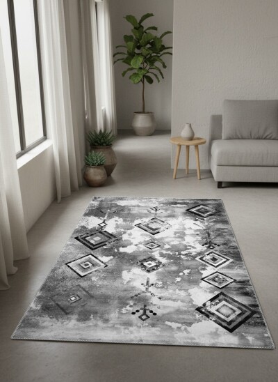 Gri Beyaz Eskitme Grunge Zemin Siyah Geometrik Elmas Kafes İnce Tribal Motif Halı
