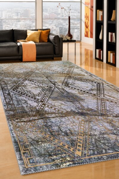 Gri Eskitme Mermer Zemin Altın Çift Elmas Çapraz Kafes Meandros Bordür Tribal Art Deco Halı