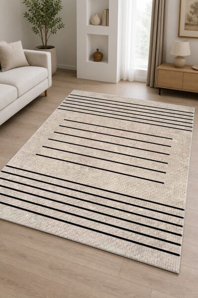 Bej Keten Zemin Siyah İnce Yatay Paralel Çizgi Ortada Kısa Simetrik Çizgi Serisi Minimalist Zen Halı